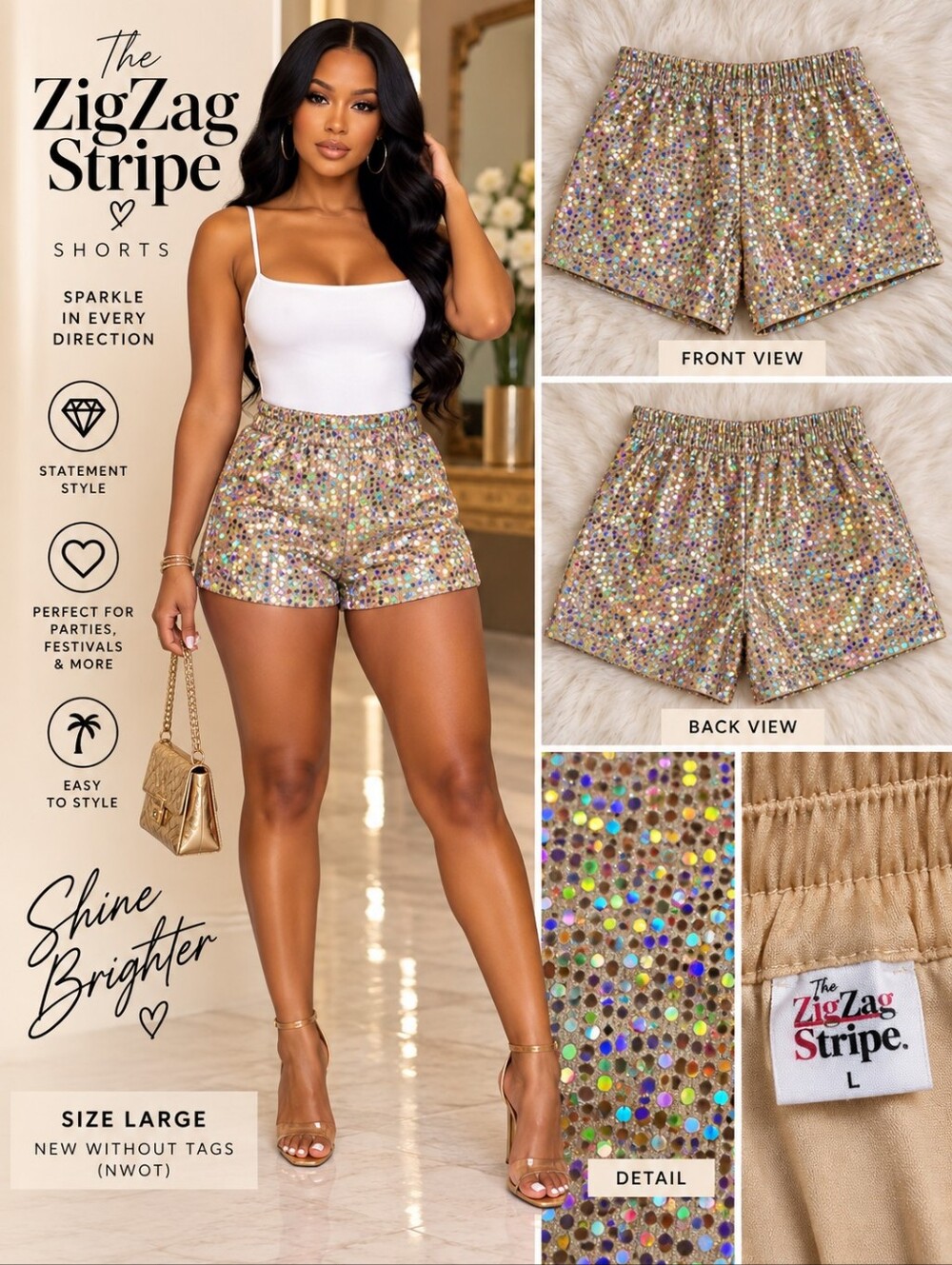 The ZigZag Stripe Holographic High Waist Iridescent Sparkly Sequins Shorts - L